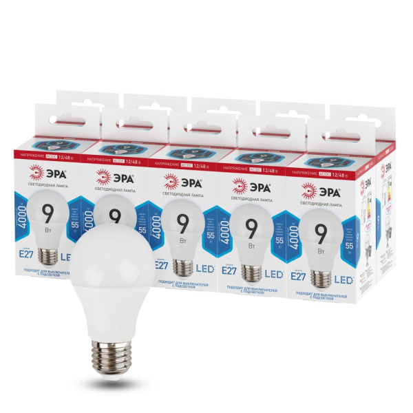 Лампочка светодиодная ЭРА STD LED A60-9W-12/48V-840-E27 E27 / Е27 9Вт груша нейтральный белый свет