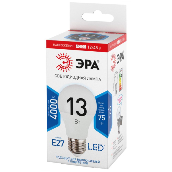 Лампочка светодиодная ЭРА STD LED A60-13W-12/48V-840-E27 E27 / Е27 13Вт груша нейтральный белый свет