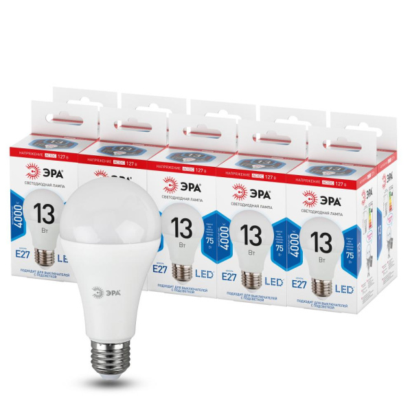 Лампочка светодиодная ЭРА STD LED A60-13W-127V-840-E27 E27 / Е27 13Вт груша нейтральный белый свет