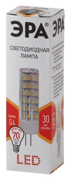 Лампочка светодиодная ЭРА STD LED JC-7W-220V-CER-827-G4 G4 7Вт керамика капсула теплый белый свет