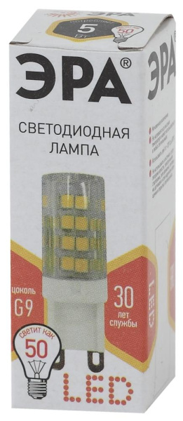 Лампочка светодиодная ЭРА STD LED JCD-5W-CER-827-G9 G9 5Вт керамика капсула теплый белый свет