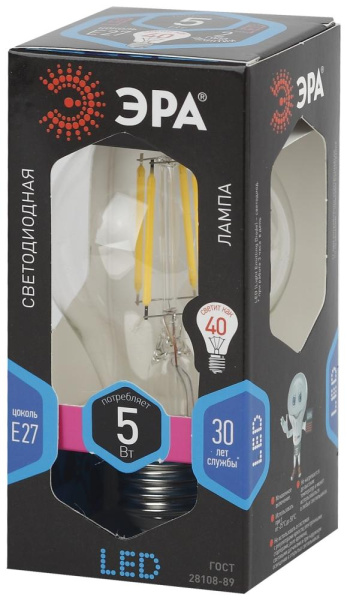 Лампочка светодиодная ЭРА F-LED A60-5W-840-E27 Е27 / Е27 5Вт филамент груша нейтральный белый свет