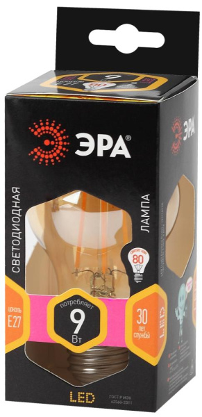 Лампочка светодиодная ЭРА F-LED A60-9W-827-E27 gold Е27 / Е27 9Вт филамент груша золотистая теплый белый свет