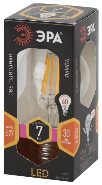 Лампочка светодиодная ЭРА F-LED A60-7W-827-E27 Е27 / Е27 7Вт филамент груша теплый белый свет