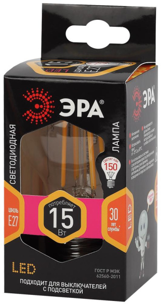 Лампочка светодиодная ЭРА F-LED A60-15W-827-E27 Е27 / Е27 15Вт филамент груша теплый белый свет