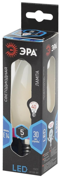 Лампочка светодиодная ЭРА F-LED B35-5W-840-E14 frost Е14 / Е14 5Вт филамент свеча матовая нейтральный белый свет