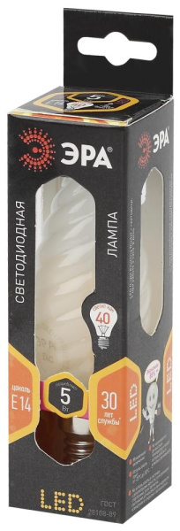 F-LED BTW-5W-827-E14 frost ЭРА (филамент, свеча витая мат., 5Вт, тепл, E14) (10/100/2800)