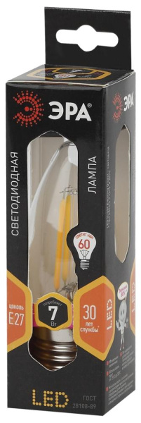 Лампочка светодиодная ЭРА F-LED B35-7W-827-E27 Е27 / Е27 7Вт филамент свеча теплый белый свет