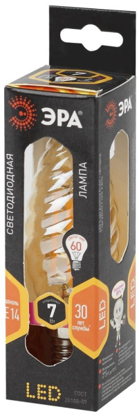 Лампочка светодиодная ЭРА F-LED BTW-7W-827-E14 gold Е14 / E14 7Вт филамент свеча витая золотистая теплый белый свет