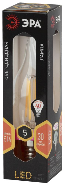 Лампочка светодиодная ЭРА F-LED BXS-5W-827-E14 Е14 / Е14 5Вт филамент свеча на ветру теплый белый свет