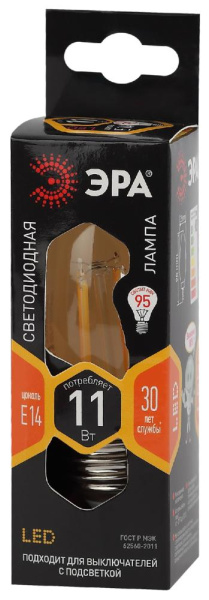 Лампочка светодиодная ЭРА F-LED B35-11W-827-E14 Е14 / Е14 11Вт филамент свеча теплый белый свет