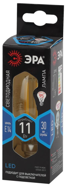Лампочка светодиодная ЭРА F-LED B35-11W-840-E14 Е14 / Е14 11Вт филамент свеча нейтральный белый свет