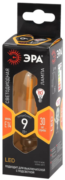 Лампочка светодиодная ЭРА F-LED B35-9w-827-E14 Е14 / Е14 9Вт филамент свеча теплый белый свет