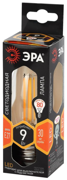 Лампочка светодиодная ЭРА F-LED B35-9w-827-E2 Е27 / Е27 9Вт филамент свеча теплый белый свет