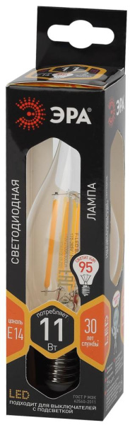 Лампочка светодиодная ЭРА F-LED BXS-11W-827-E14 Е14 / Е14 11Вт филамент свеча на ветру теплый белый свет