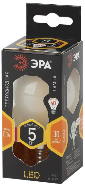 Лампочка светодиодная ЭРА F-LED P45-5W-827-E14 frost Е14 / Е14 5Вт филамент шар матовый теплый белый свет