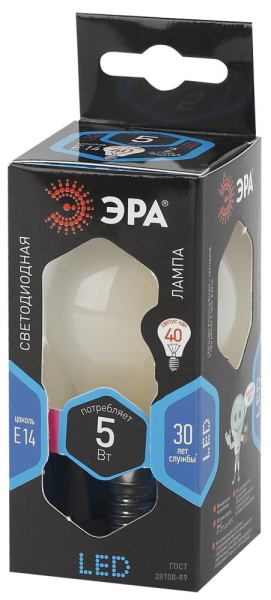 Лампочка светодиодная ЭРА F-LED P45-5W-840-E14 frost Е14 / Е14 5Вт филамент шар матовый нейтральный белый свет