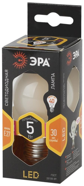 Лампочка светодиодная ЭРА F-LED P45-5W-827-E27 frost Е27 / Е27 5Вт филамент шар матовый теплый белый свет