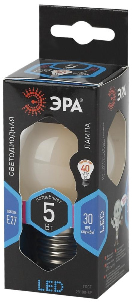 Лампочка светодиодная ЭРА F-LED P45-5W-840-E27 frost Е27 / Е27 5Вт филамент шар матовый нейтральный белый свет