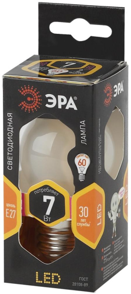 Лампочка светодиодная ЭРА F-LED P45-7W-827-E27 frost E27 / Е27 7Вт филамент шар матовый теплый белый свет