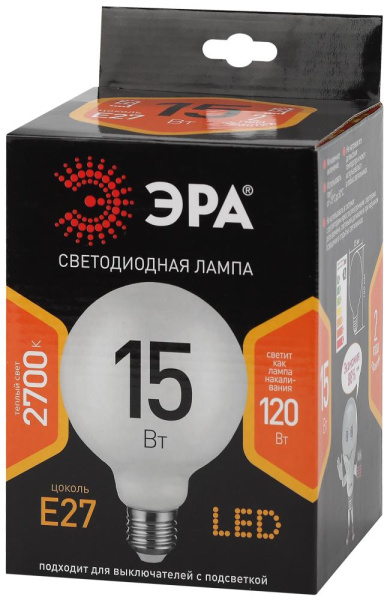 Лампочка светодиодная ЭРА F-LED G125-15w-827-E27 OPAL E27 / Е27 15Вт филамент шар матовый теплый белый свет