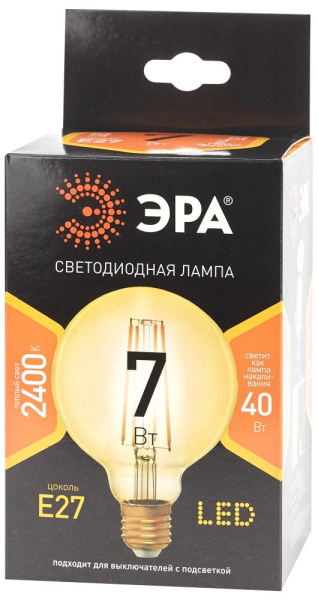 Лампочка светодиодная ЭРА F-LED G95-7W-824-E27 gold E27 / Е27 7Вт филамент шар золотистый теплый белый свет