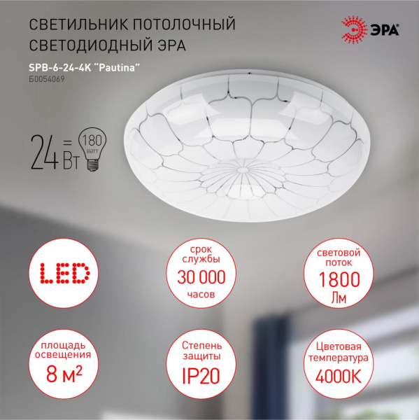 Светильник потолочный светодиодный ЭРА SPB-6-24-4K Pautina без ДУ 24Вт 4000K