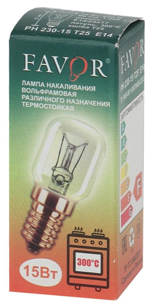 Лампочка Favor Т25 15Вт Е14 / E14 230В для печей прозрачная