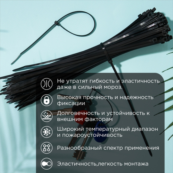 Стяжка нейлоновая морозостойкая 250x3,6мм, черная (100 шт/уп) REXANT