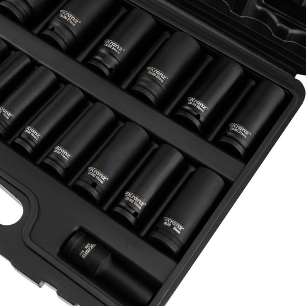 Набор шестигранных ударных торцевых головок, 1/2", 78мм, 20 предметов (8-32мм) пластиковый кейс KRANZ