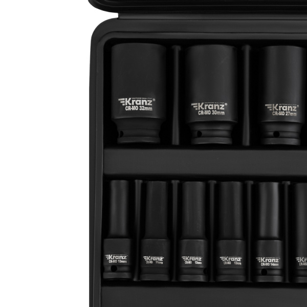 Набор шестигранных ударных торцевых головок, 1/2", 78мм, 20 предметов (8-32мм) пластиковый кейс KRANZ