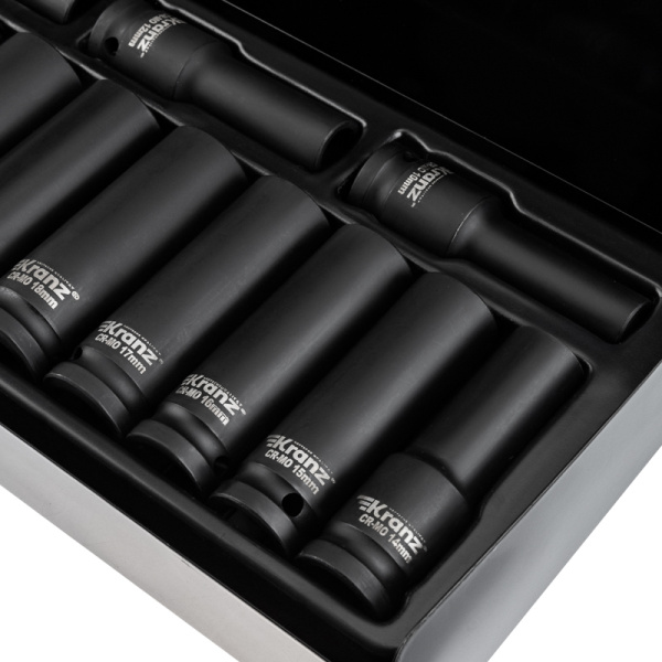 Набор шестигранных ударных торцевых головок, 1/2", 78мм, 12 предметов (10-24мм) металлический кейс KRANZ