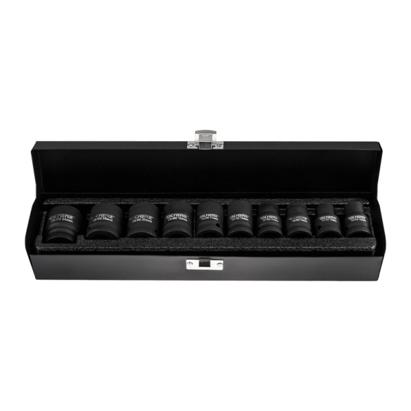 Набор шестигранных ударных торцевых головок, 1/2", 38мм, 10 предметов (10-24мм) металлический кейс KRANZ