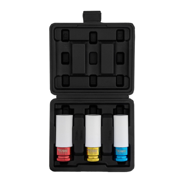 Набор шестигранных ударных удлиненных торцевых головок для колесных дисков, 1/2", 3 предмета (17, 19, 21мм) пластиковый кейс KRANZ