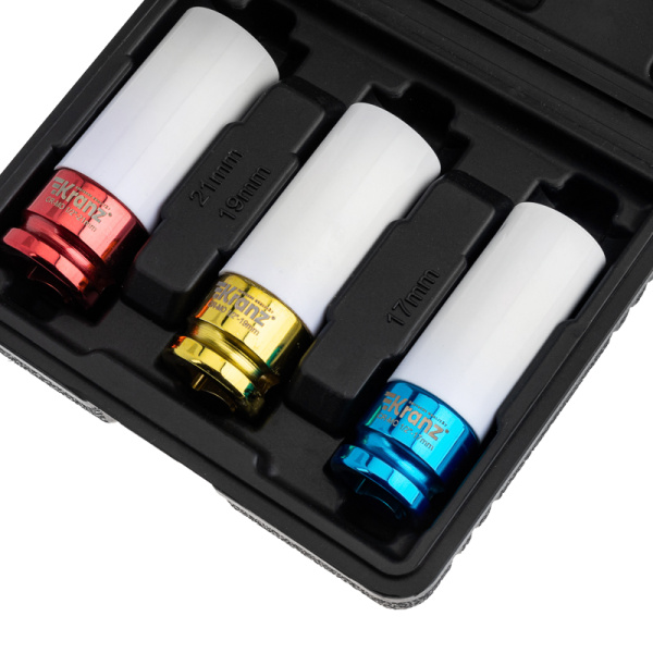 Набор шестигранных ударных удлиненных торцевых головок для колесных дисков, 1/2", 3 предмета (17, 19, 21мм) пластиковый кейс KRANZ