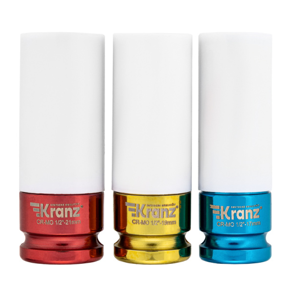 Набор шестигранных ударных удлиненных торцевых головок для колесных дисков, 1/2", 3 предмета (17, 19, 21мм) пластиковый кейс KRANZ