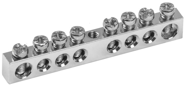 Шина PEN "земля-ноль" 6х9мм 8/1 с никелевым покрытием (8групп/крепеж по центру) IEK