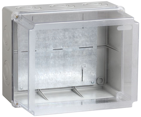 Коробка распаячная КМ41348 для открытой проводки 240х195х165мм с монтажной платой с прозрачной крышкой IP55 5 вводов серая IEK