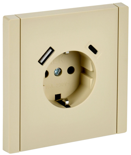 FORTE&PIANO Розетка 1-местная с заземлением с защитными шторками винтовое крепление 16А USB A+C 18Вт FP447 ваниль IEK