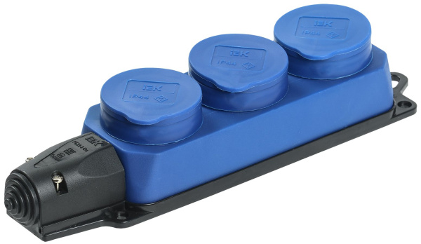 Розетка (колодка) 3-местная РБ33-1-0м с защитными крышками IP44 ОМЕГА каучук синяя IEK