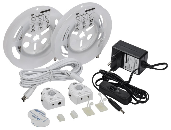 Комплект светодиодной подсветки "Сделай сам" (лента LED 2х1,2м LSR-2835WW60-4,8-IP20-12В + драйвер + 2 датчика движения) IEK