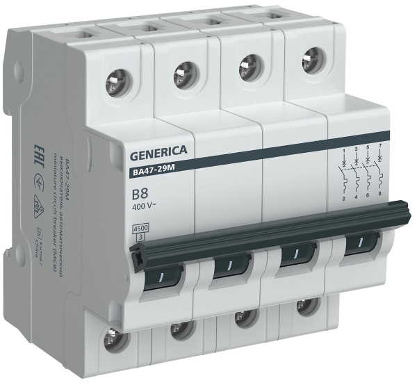 Автоматический выключатель ВА47-29М 4P 8А 4,5кА B GENERICA