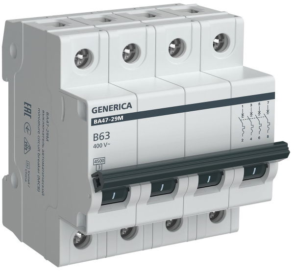 Автоматический выключатель ВА47-29М 4P 63А 4,5кА B GENERICA