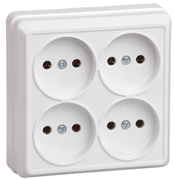 Розетка 4-местная для открытой установки РС24-2-ОБ без заземляющего контакта 10А ОКТАВА белый IEK