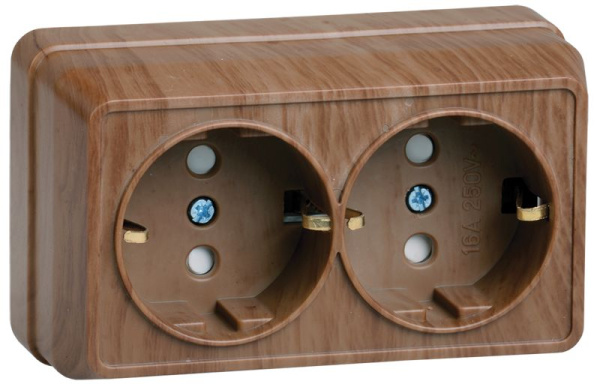 Розетка 2-местная для открытой установки РСш22-3-ОД с заземляющим контактом с защитной шторкой 16А ОКТАВА дуб IEK