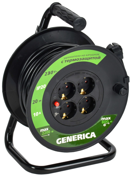 Катушка УК20 с термозащитой 4 места 2P+PE/20м 3х1,0мм2 GENERICA