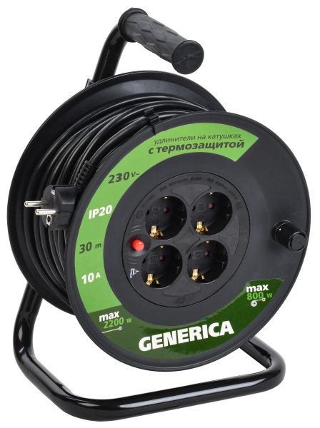 Катушка УК30 с термозащитой 4 места 2P+PE/30м 3х1,0мм2 GENERICA