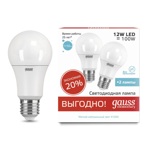 Лампа Gauss Elementary A60 12W 4100K E27 (2 лампы в упаковке) LED 1/50