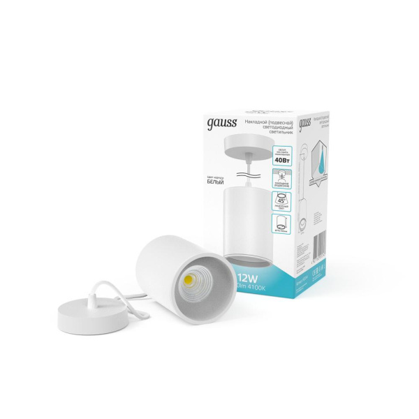 Светильник Gauss Overhead подвес цил12W 750lm 4100K 170-240V IP20 79*100мм белый LED 1/20