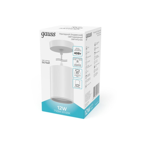 Светильник Gauss Overhead подвес цил12W 750lm 4100K 170-240V IP20 79*100мм белый LED 1/20